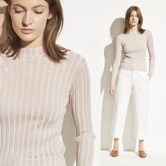 Vince Ribbed Mock Neck Pullover Shirt Sweater in Chiffon - Picture 2 of 14